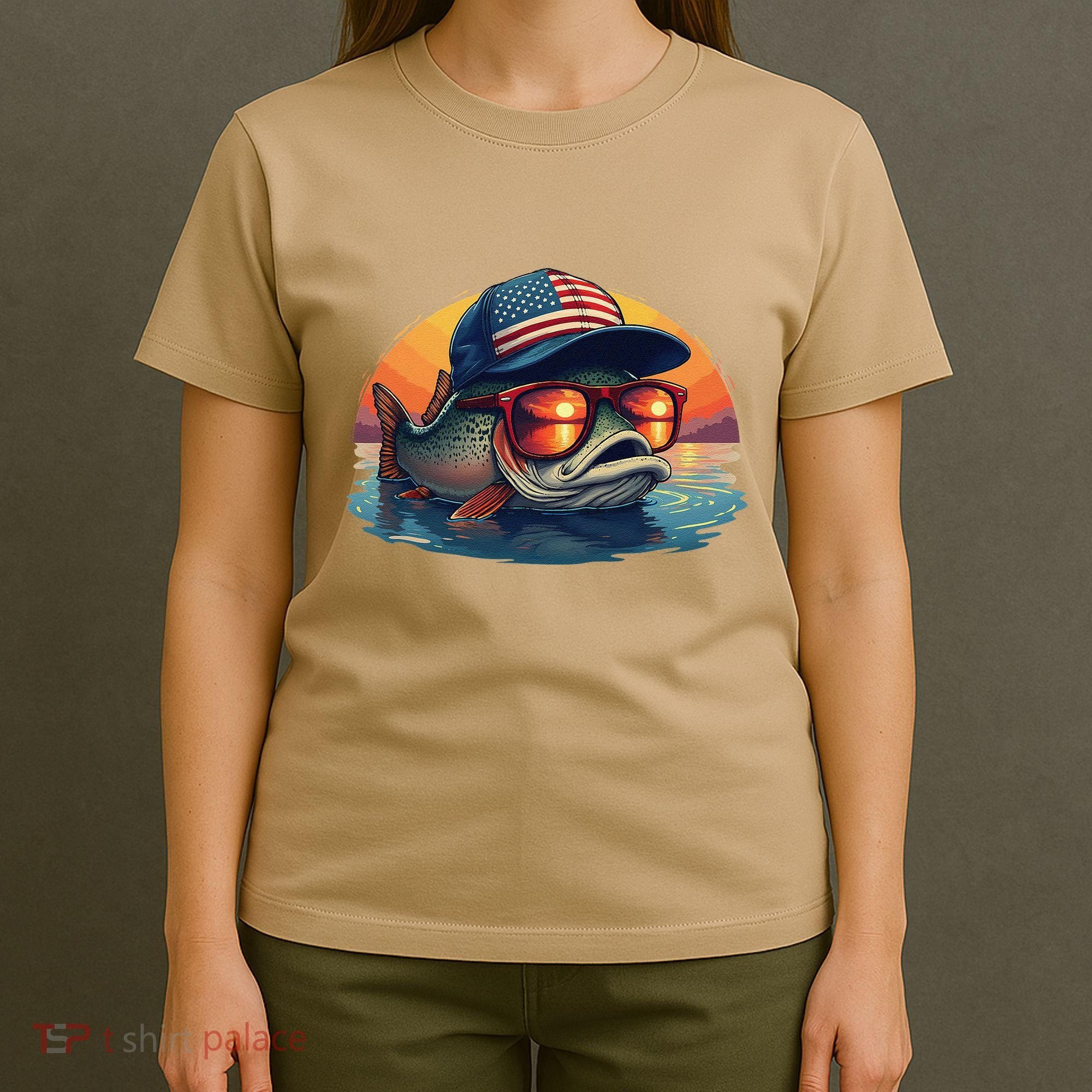 Funny Fishing & Fisherman American Flag Trout Sunset T-Shirt