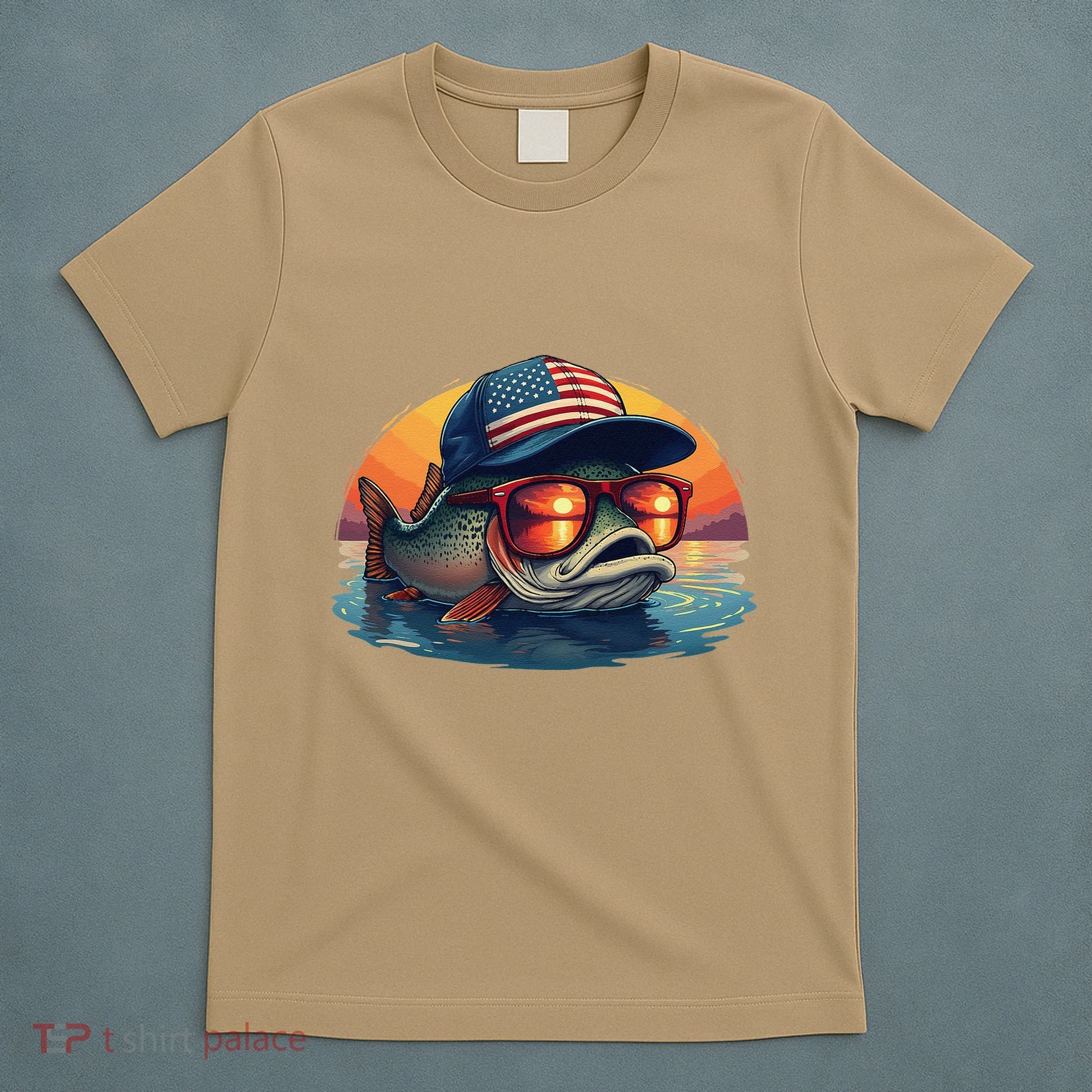 Funny Fishing & Fisherman American Flag Trout Sunset T-Shirt