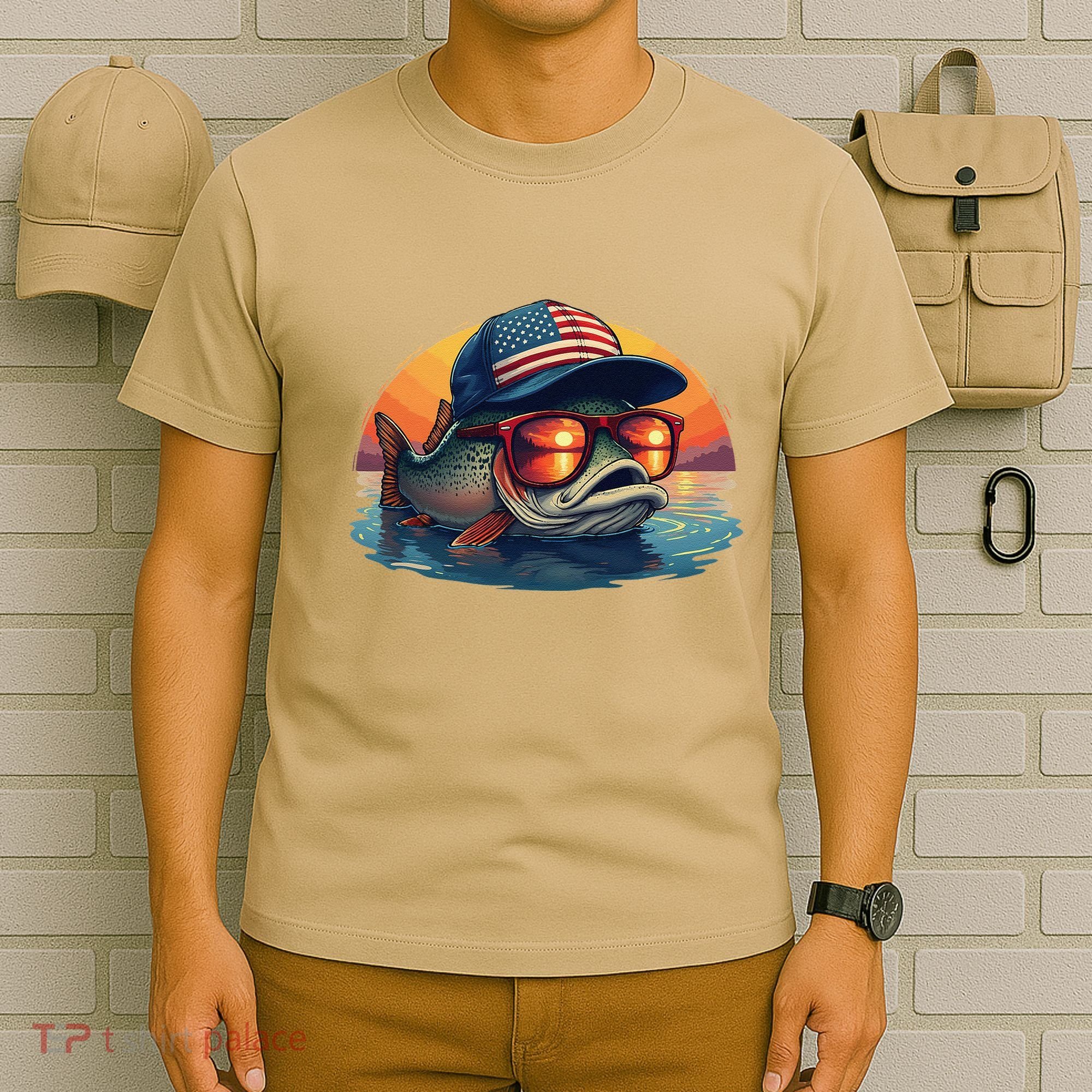 Funny Fishing & Fisherman American Flag Trout Sunset T-Shirt
