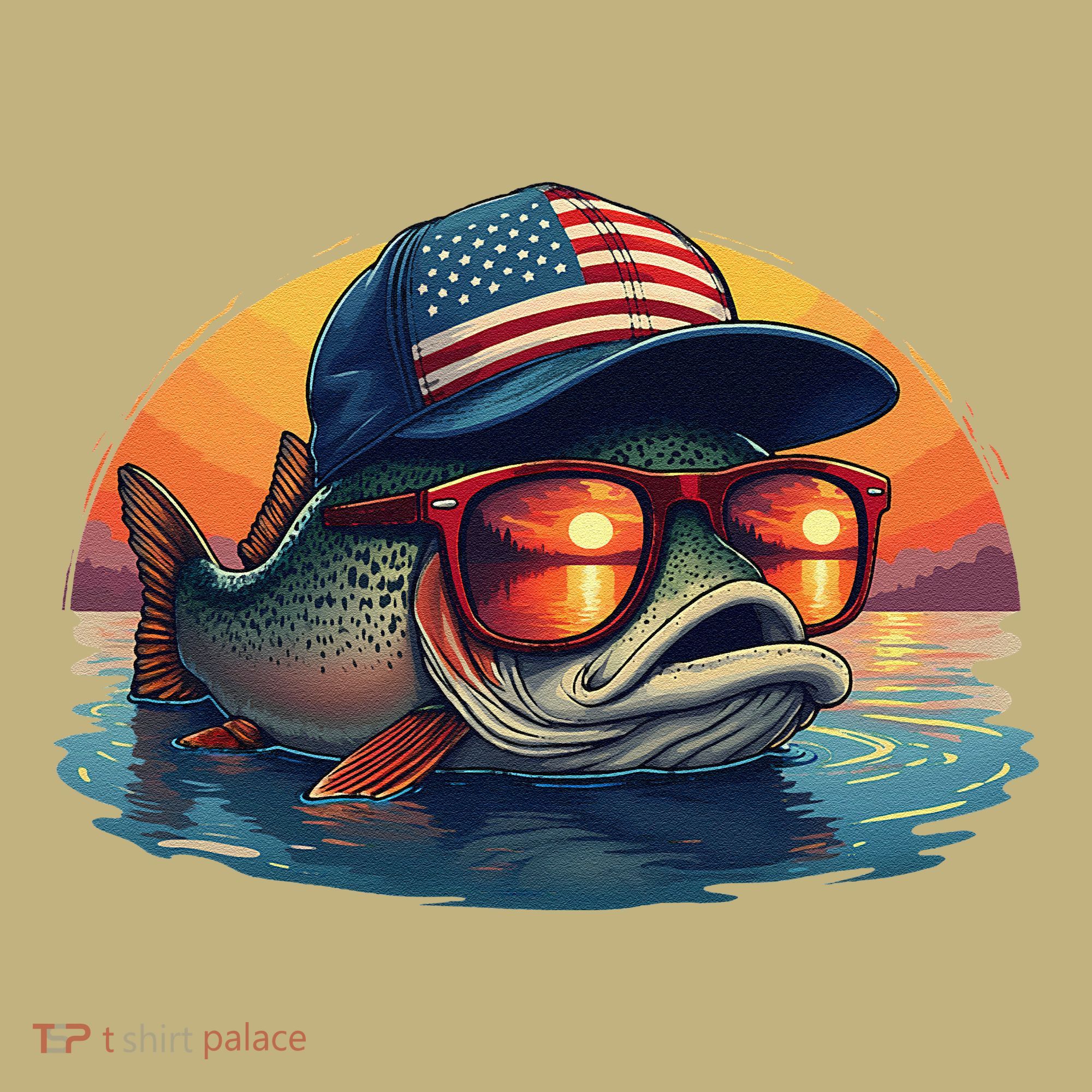 Funny Fishing & Fisherman American Flag Trout Sunset T-Shirt