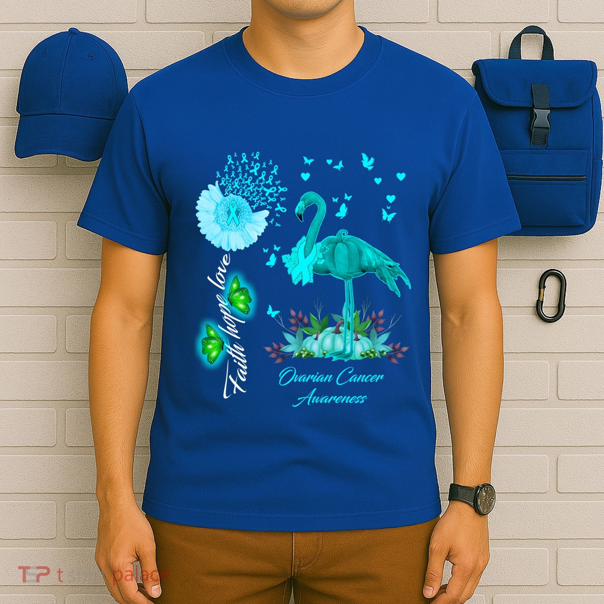 Flamingo Faith Hope Love Ovarian Cancer Awareness Great Gift T-Shirt