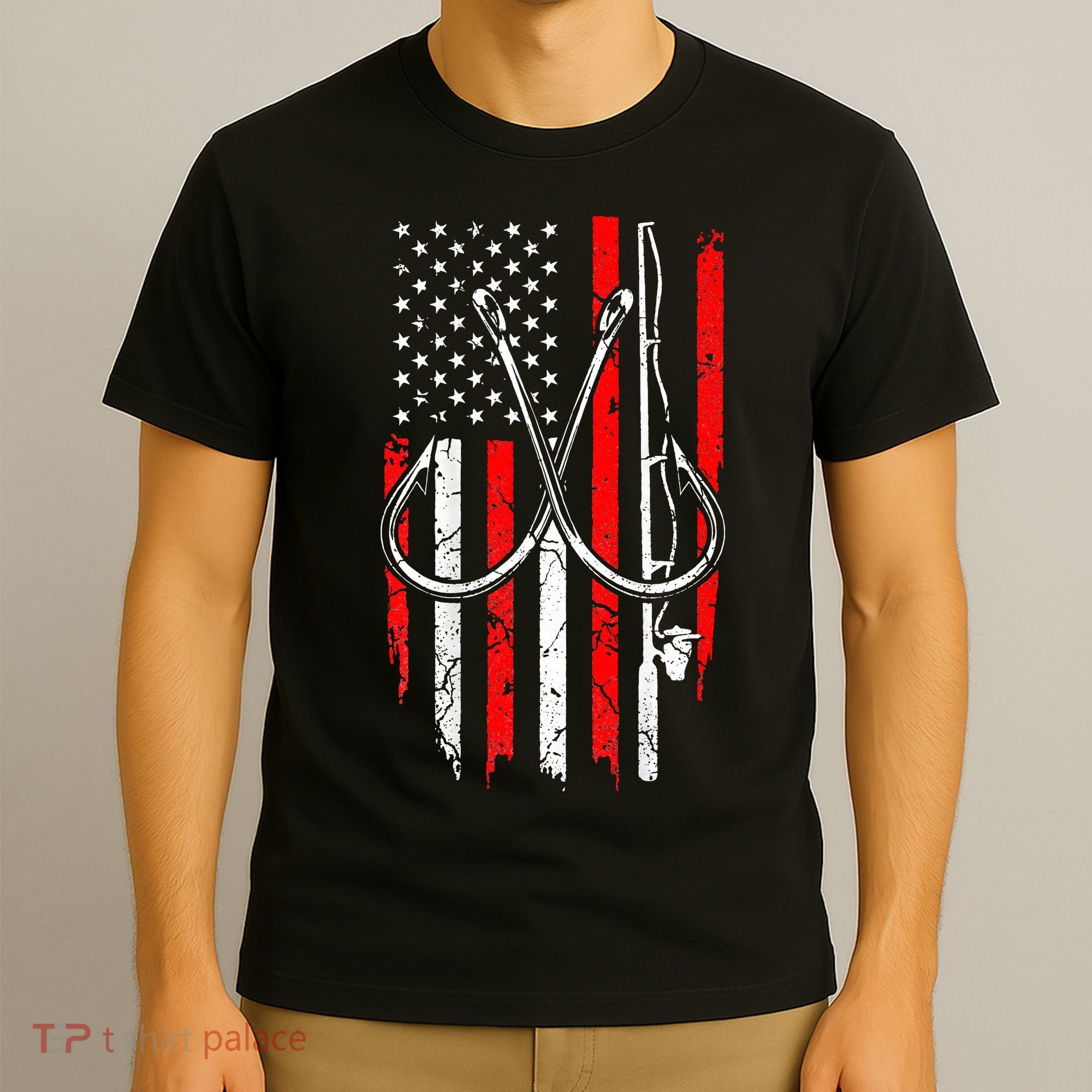 Fisherman Fishing Hooks Proud American Flag Fishing T-Shirt