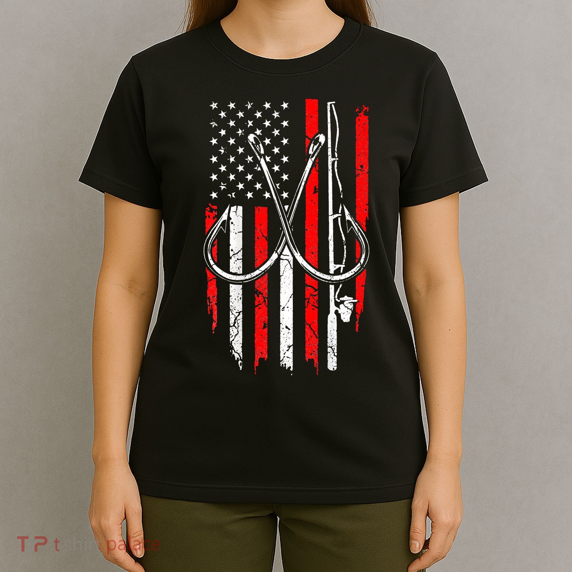Fisherman Fishing Hooks Proud American Flag Fishing T-Shirt