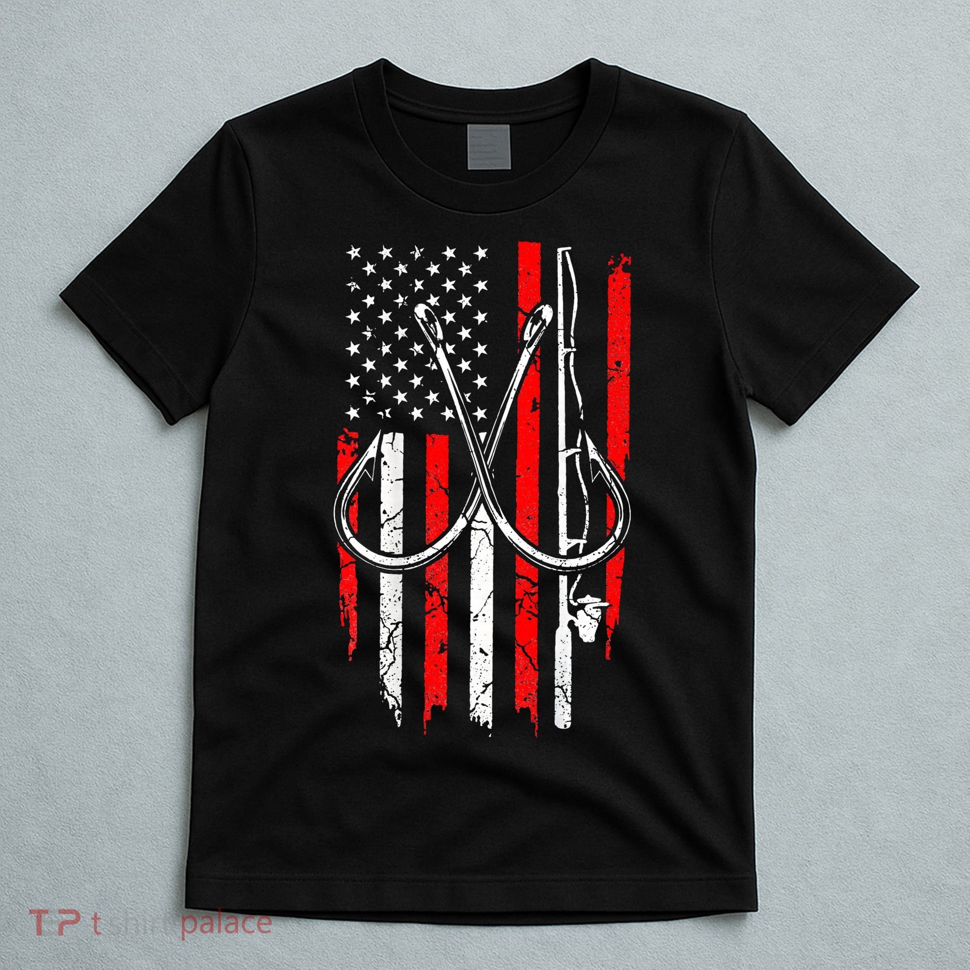 Fisherman Fishing Hooks Proud American Flag Fishing T-Shirt