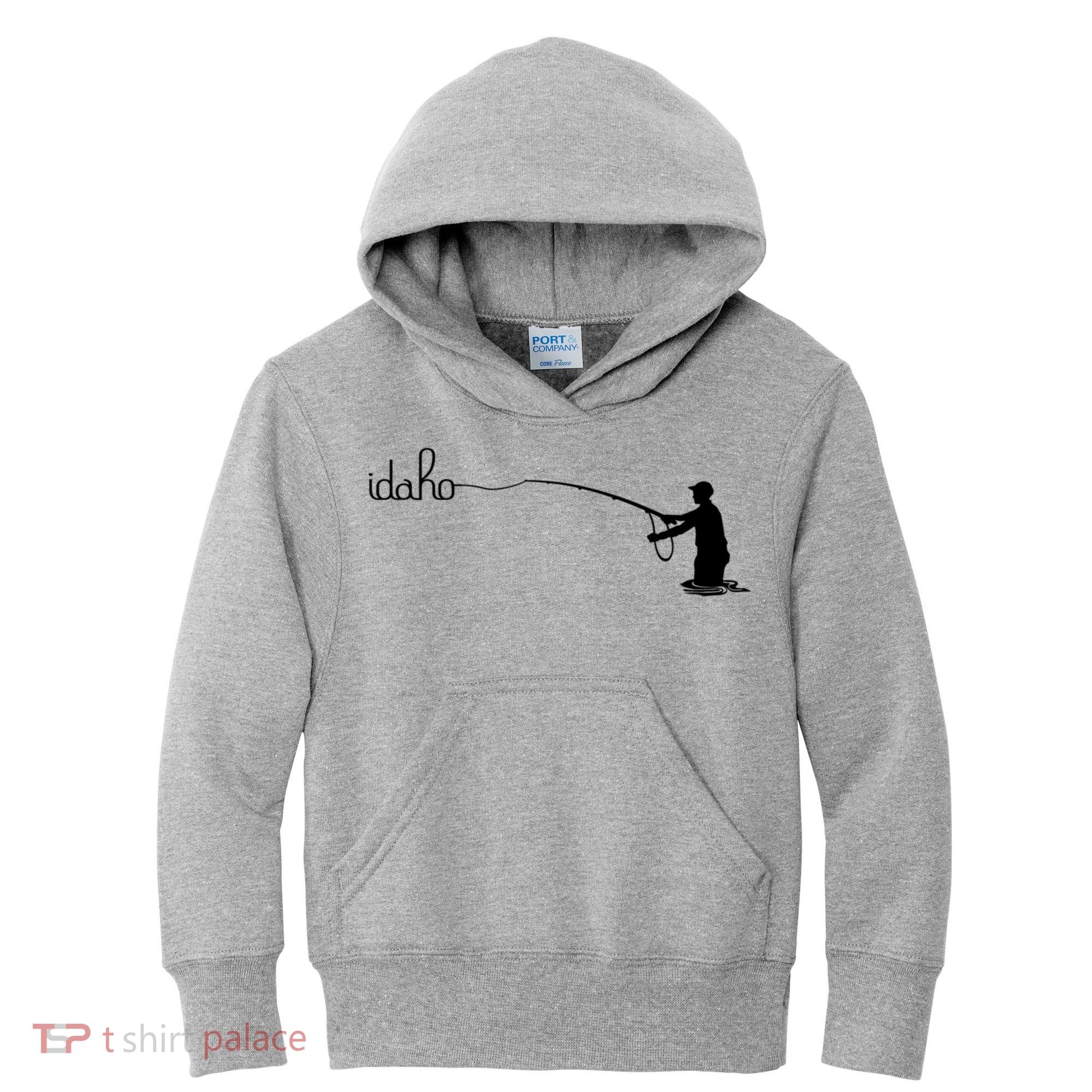 Fly Fish Idaho With White Text Trout Fishing Kids Hoodie