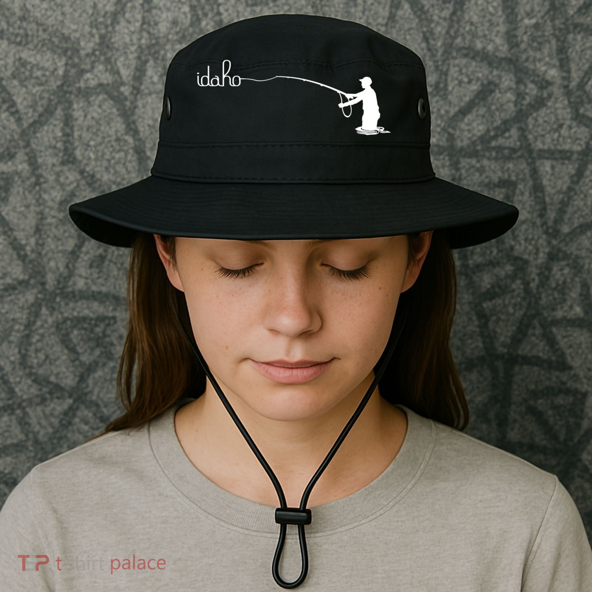 Fly Fish Idaho With White Text Trout Fishing Bucket Hat