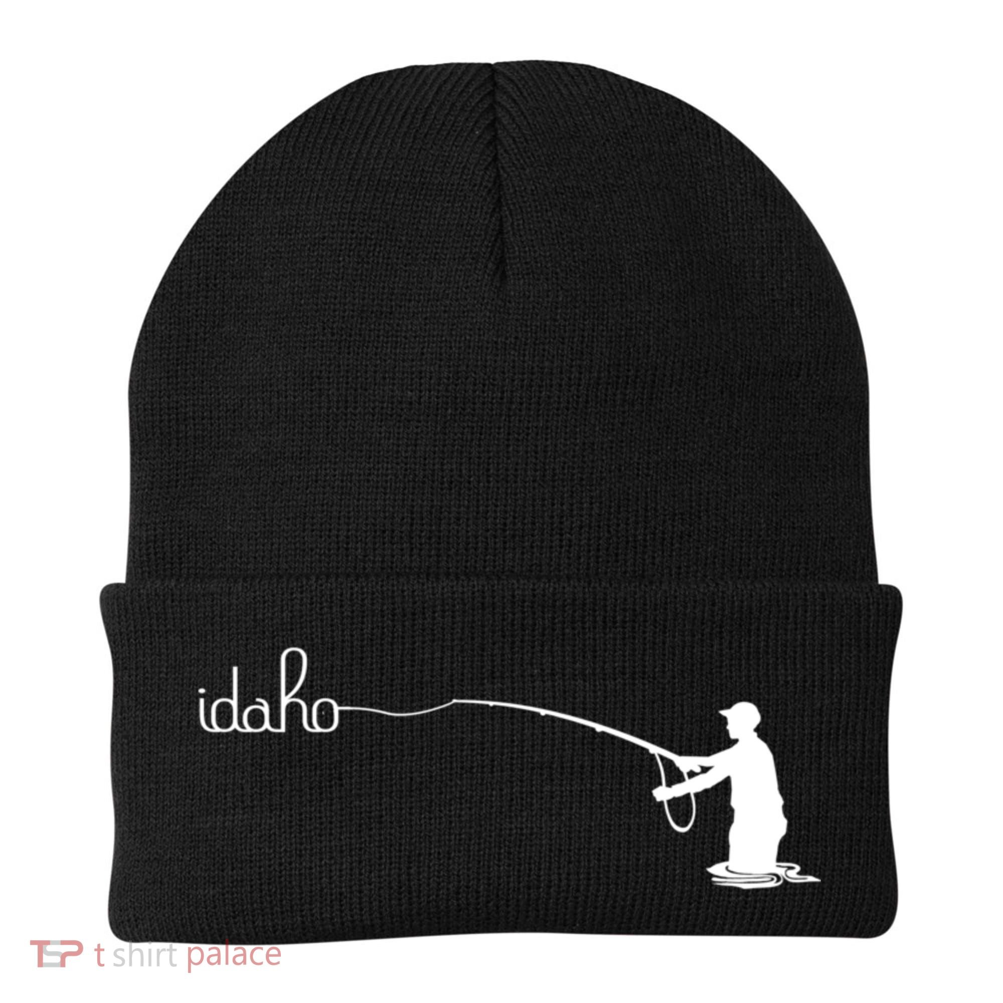 Fly Fish Idaho With White Text Trout Fishing Beanie