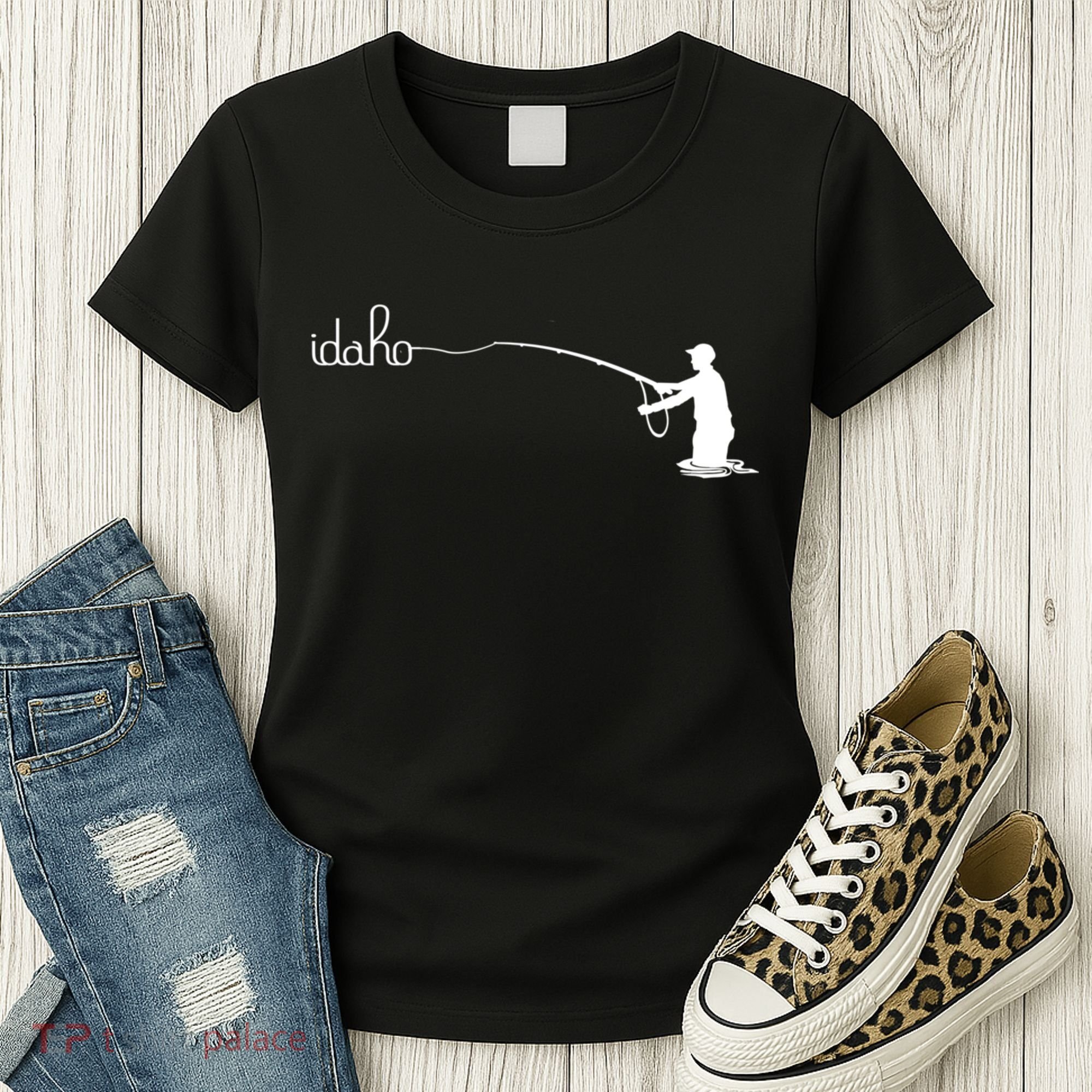 Fly Fish Idaho With White Text Trout Fishing Women's T-Shirt