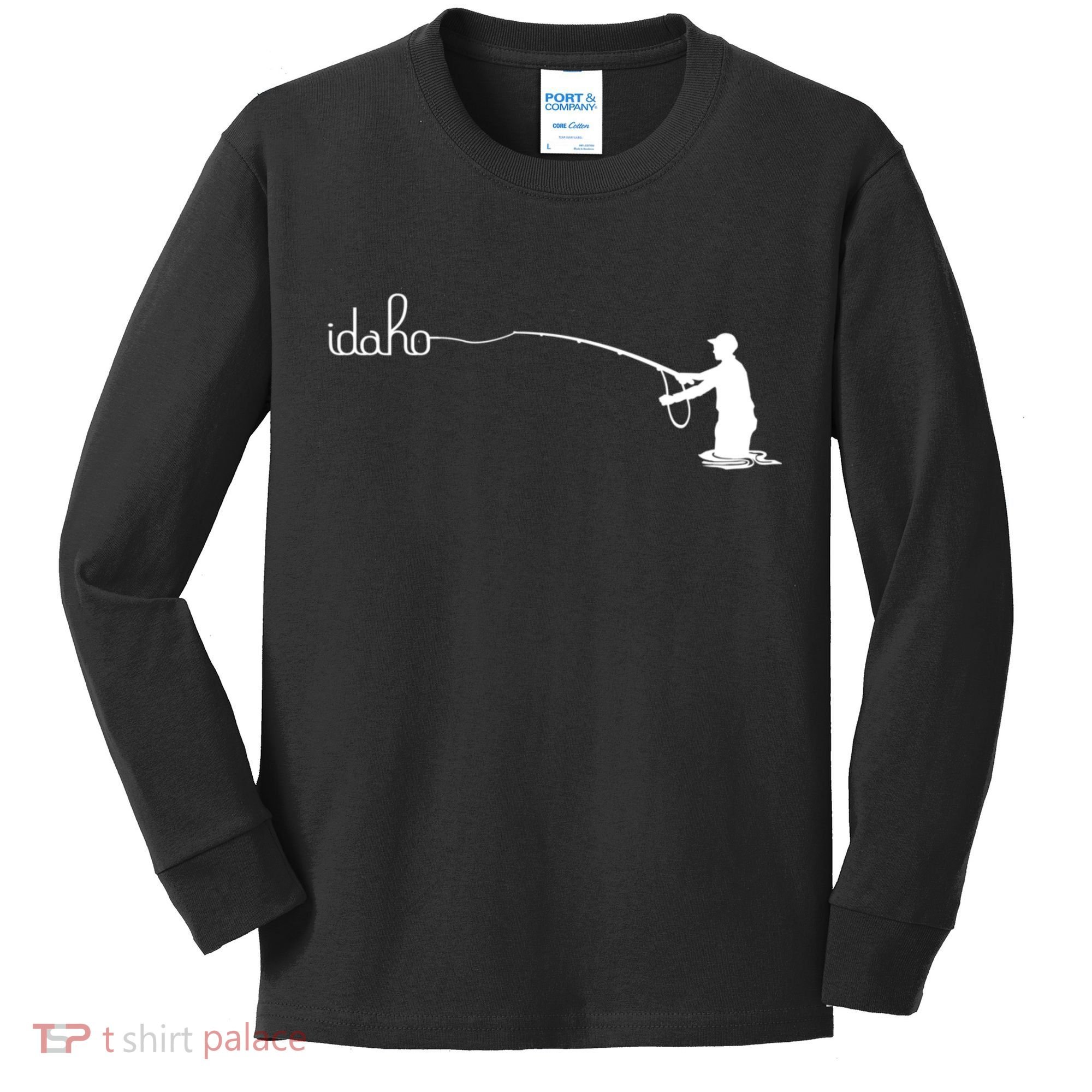 Fly Fish Idaho With White Text Trout Fishing Kids Long Sleeve Shirt