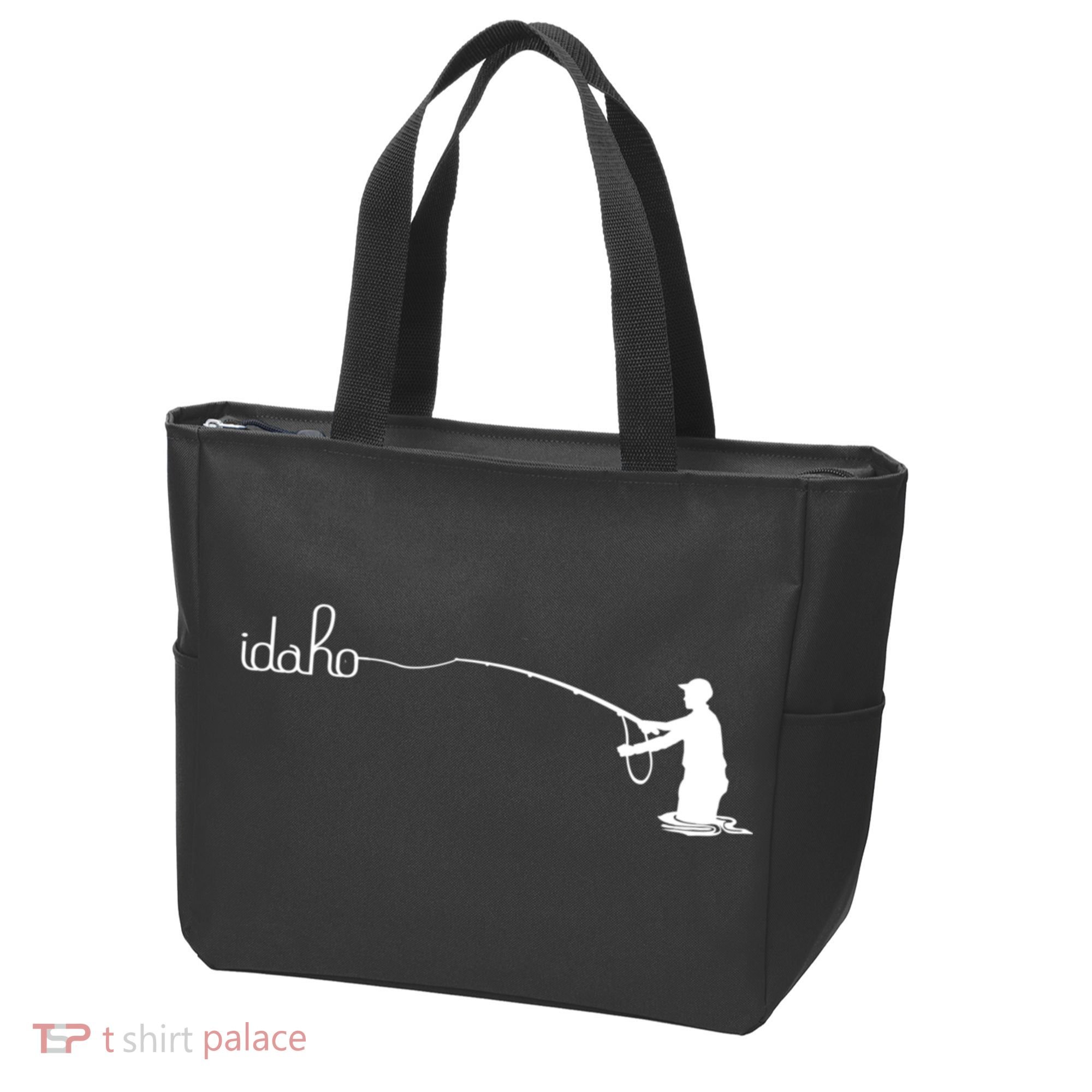 Fly Fish Idaho With White Text Trout Fishing Tote Bag