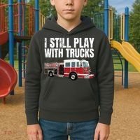 Funny Firefighter I Still Play With Fire Trucks Kids Hoodie thumb 2