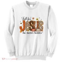 Fall For Jesus He Never Leaves Christian Thanksgiving Sweatshirt thumb 0