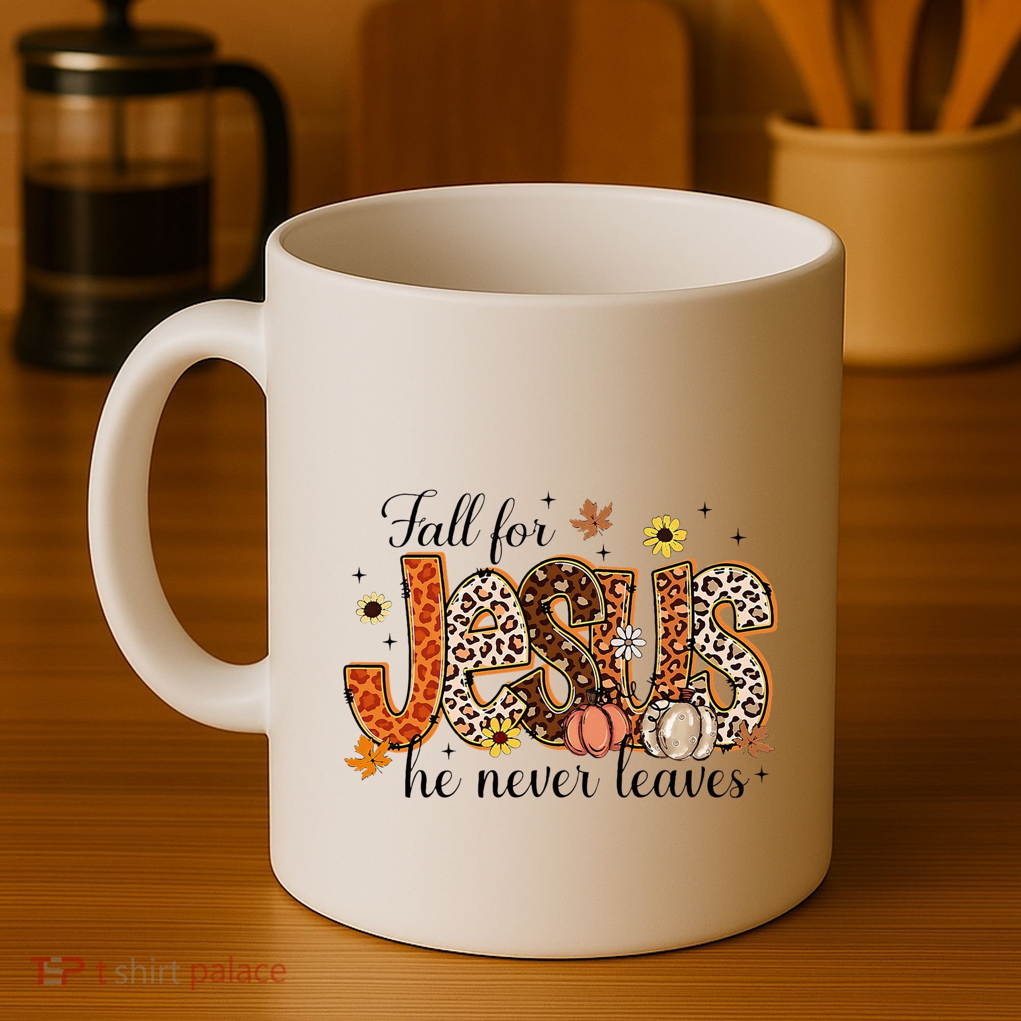 Fall For Jesus He Never Leaves Christian Thanksgiving Coffee Mug