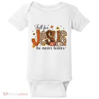 Fall For Jesus He Never Leaves Christian Thanksgiving Baby Bodysuit thumb 0