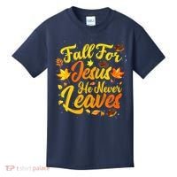 Fall For Jesus He Never Leaves Funny Fall Autumn Christian Kids T-Shirt thumb 0