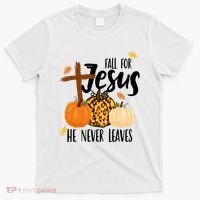 Fall For Jesus He Never Leaves Cross Pumpkin T-Shirt thumb 0