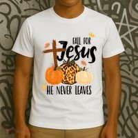 Fall For Jesus He Never Leaves Cross Pumpkin T-Shirt thumb 3