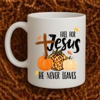 Fall For Jesus He Never Leaves Cross Pumpkin Coffee Mug thumb 2