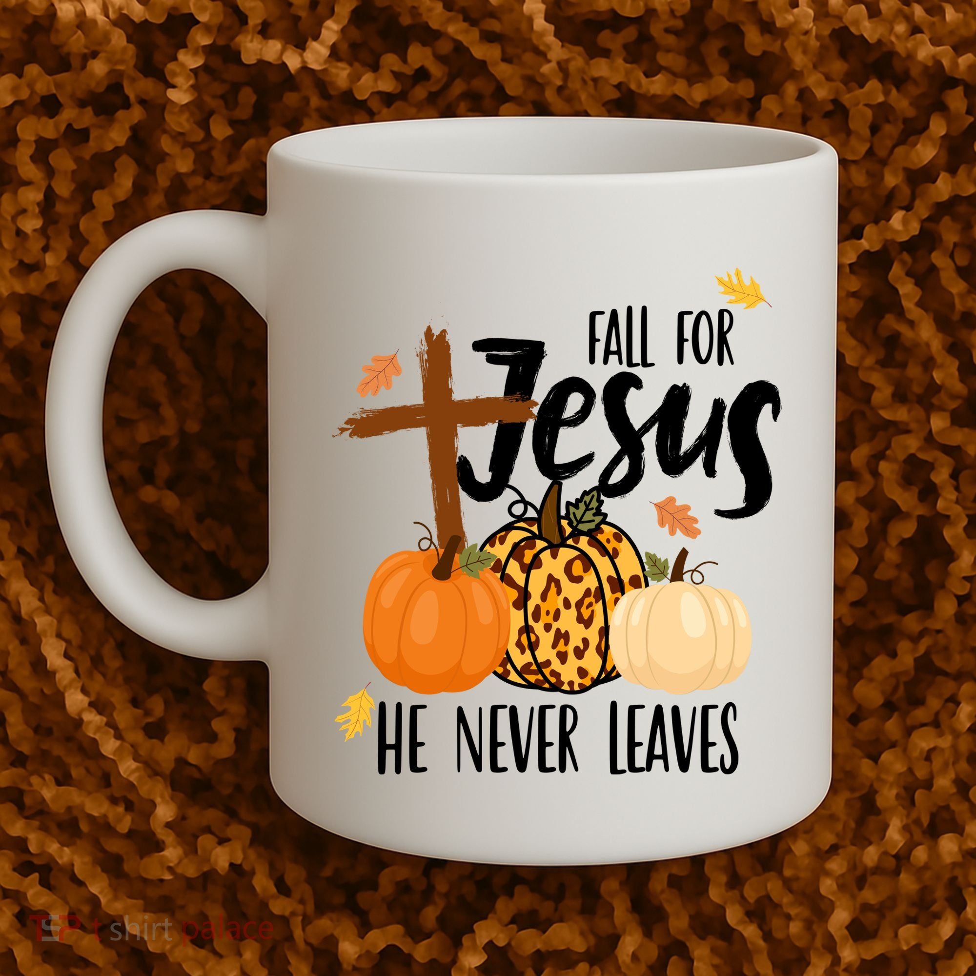 Fall For Jesus He Never Leaves Cross Pumpkin Coffee Mug