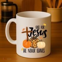 Fall For Jesus He Never Leaves Cross Pumpkin Coffee Mug thumb 4