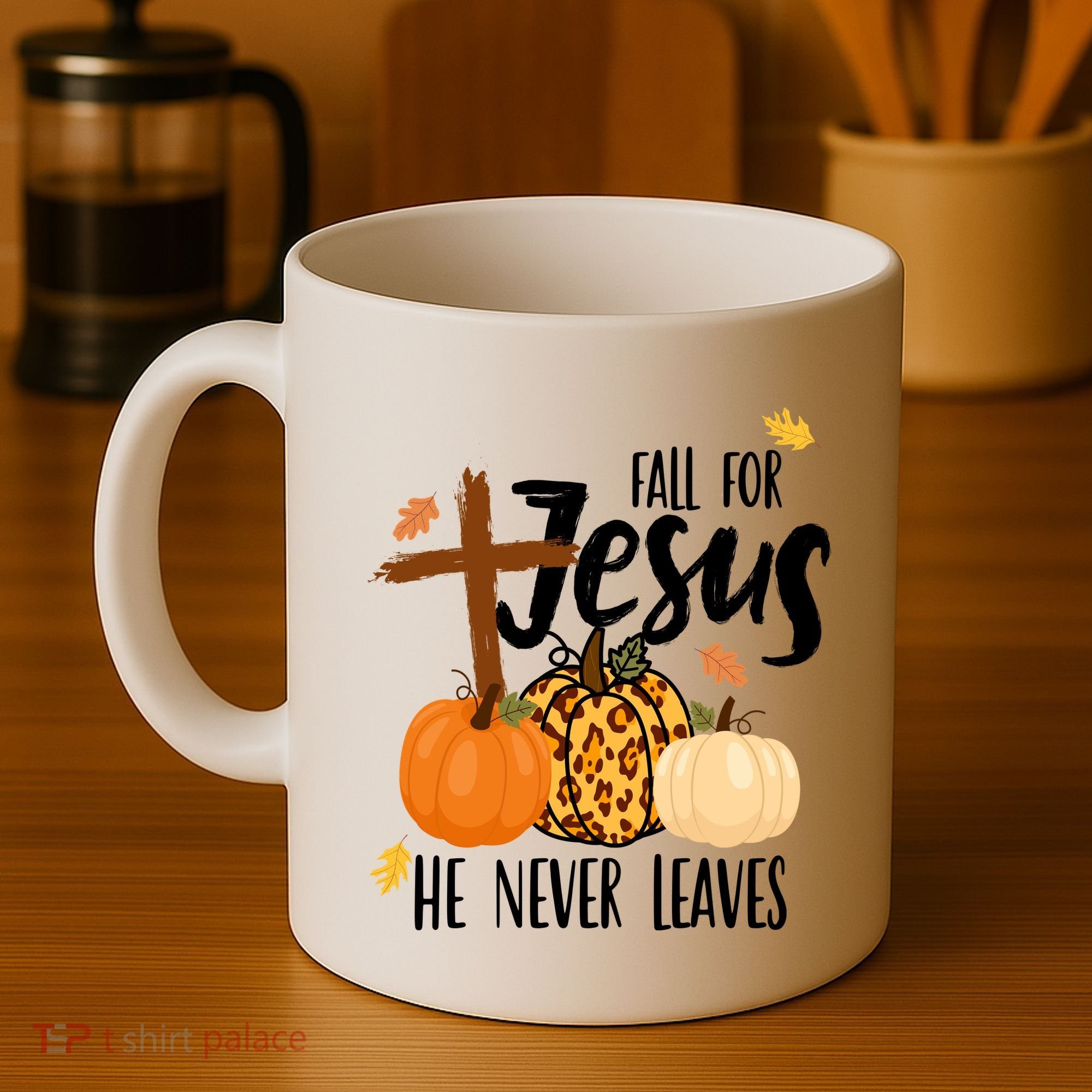 Fall For Jesus He Never Leaves Cross Pumpkin Coffee Mug