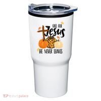 Fall For Jesus He Never Leaves Cross Pumpkin Tumbler thumb 0