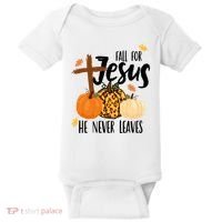 Fall For Jesus He Never Leaves Cross Pumpkin Baby Bodysuit thumb 0