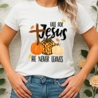 Fall For Jesus He Never Leaves Cross Pumpkin Women's T-Shirt thumb 2