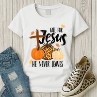 Fall For Jesus He Never Leaves Cross Pumpkin Women's T-Shirt thumb 3