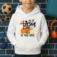 Fall For Jesus He Never Leaves Cross Pumpkin Kids Hoodie thumb 2