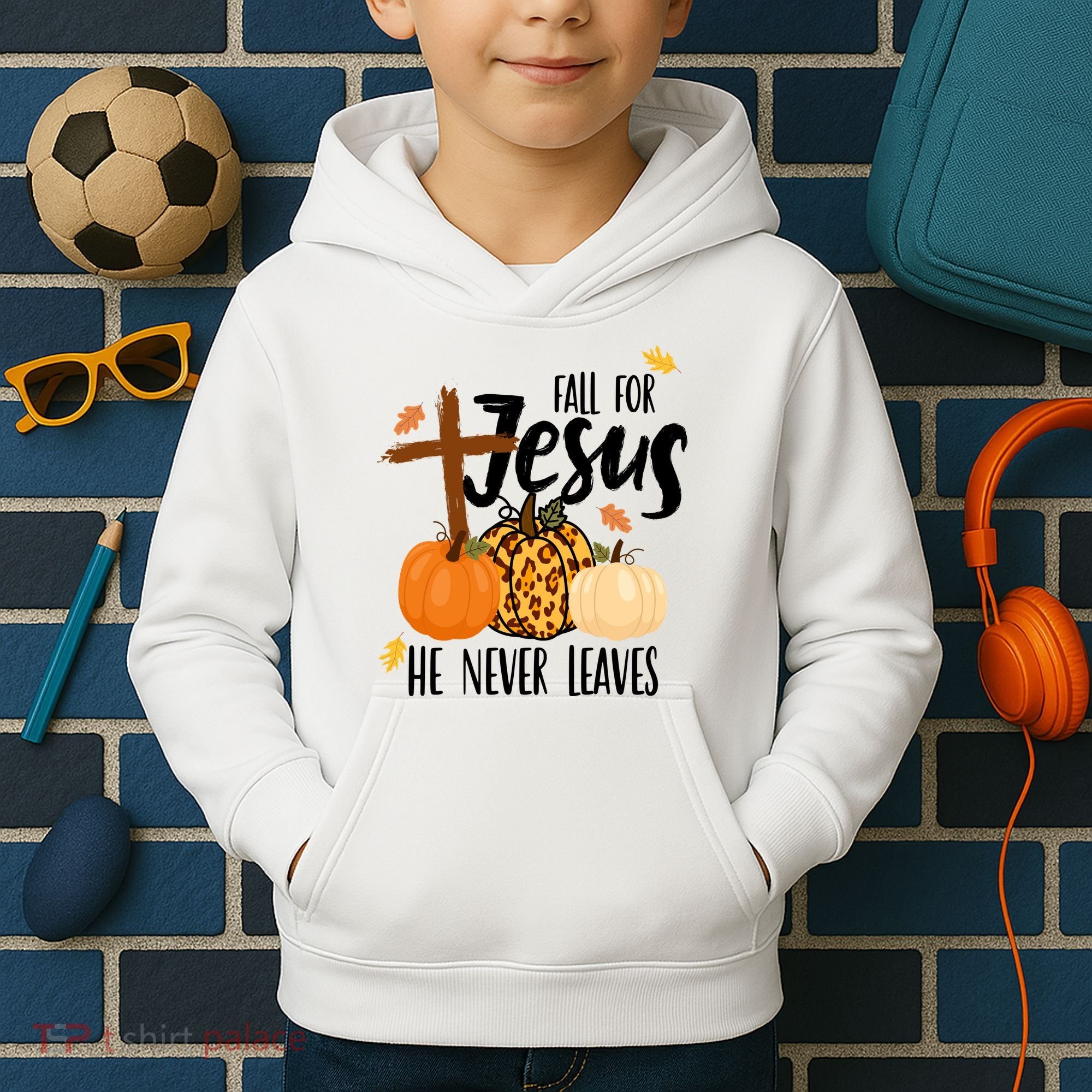 Fall For Jesus He Never Leaves Cross Pumpkin Kids Hoodie