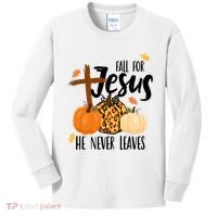 Fall For Jesus He Never Leaves Cross Pumpkin Kids Long Sleeve Shirt thumb 0