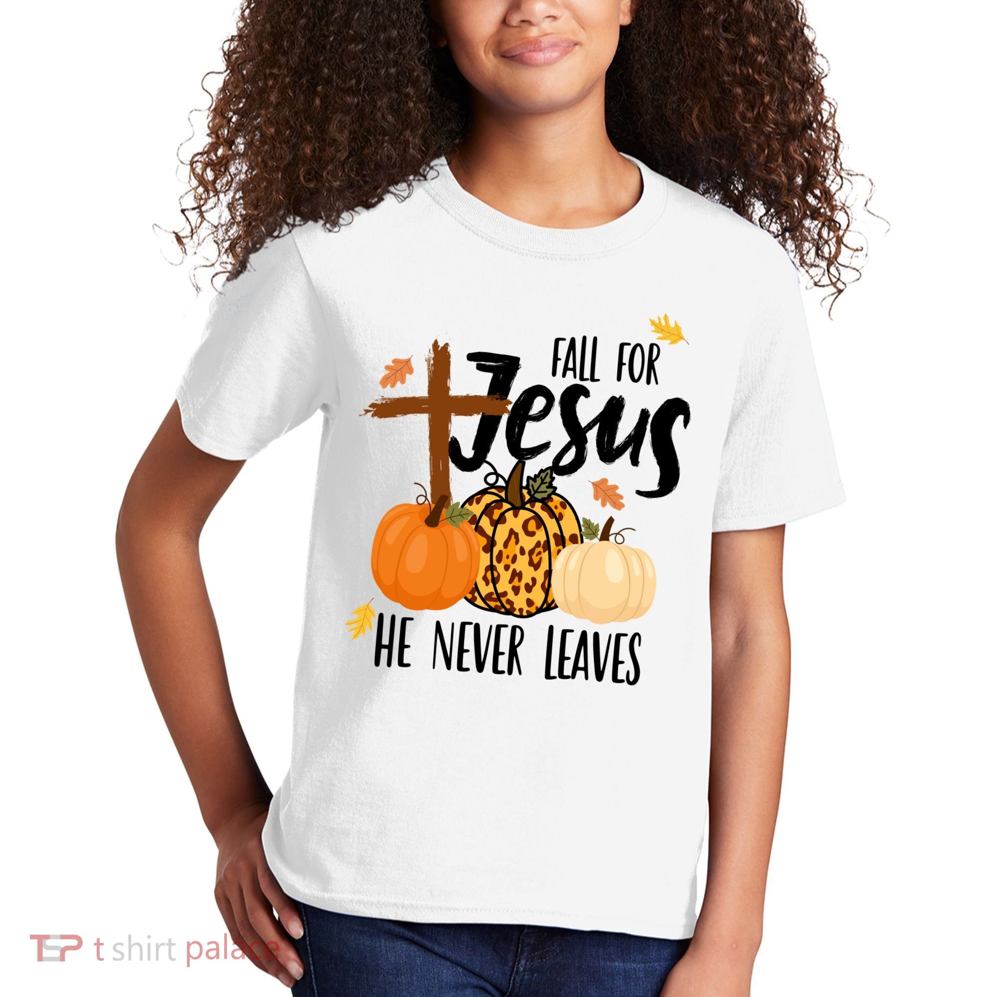 Fall For Jesus He Never Leaves Cross Pumpkin Kids T-Shirt