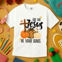 Fall For Jesus He Never Leaves Cross Pumpkin Kids T-Shirt thumb 3