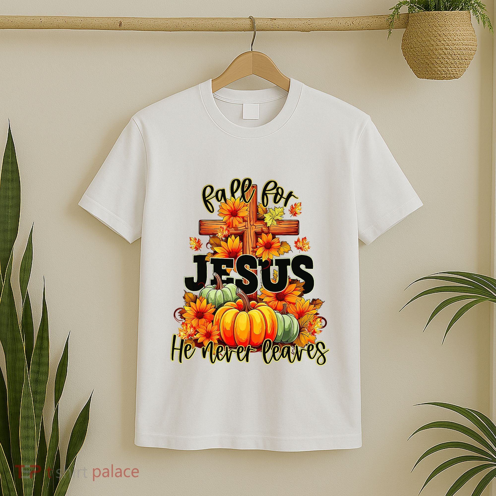 Fall For Jesus He Never Leaves Halloween Autumn Thanksgiving T-Shirt