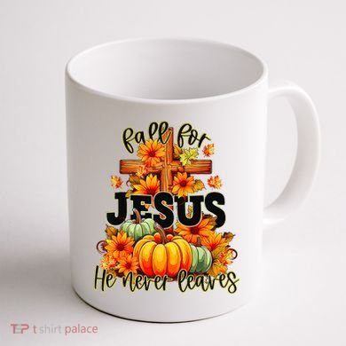 Fall For Jesus He Never Leaves Halloween Autumn Thanksgiving Coffee Mug back