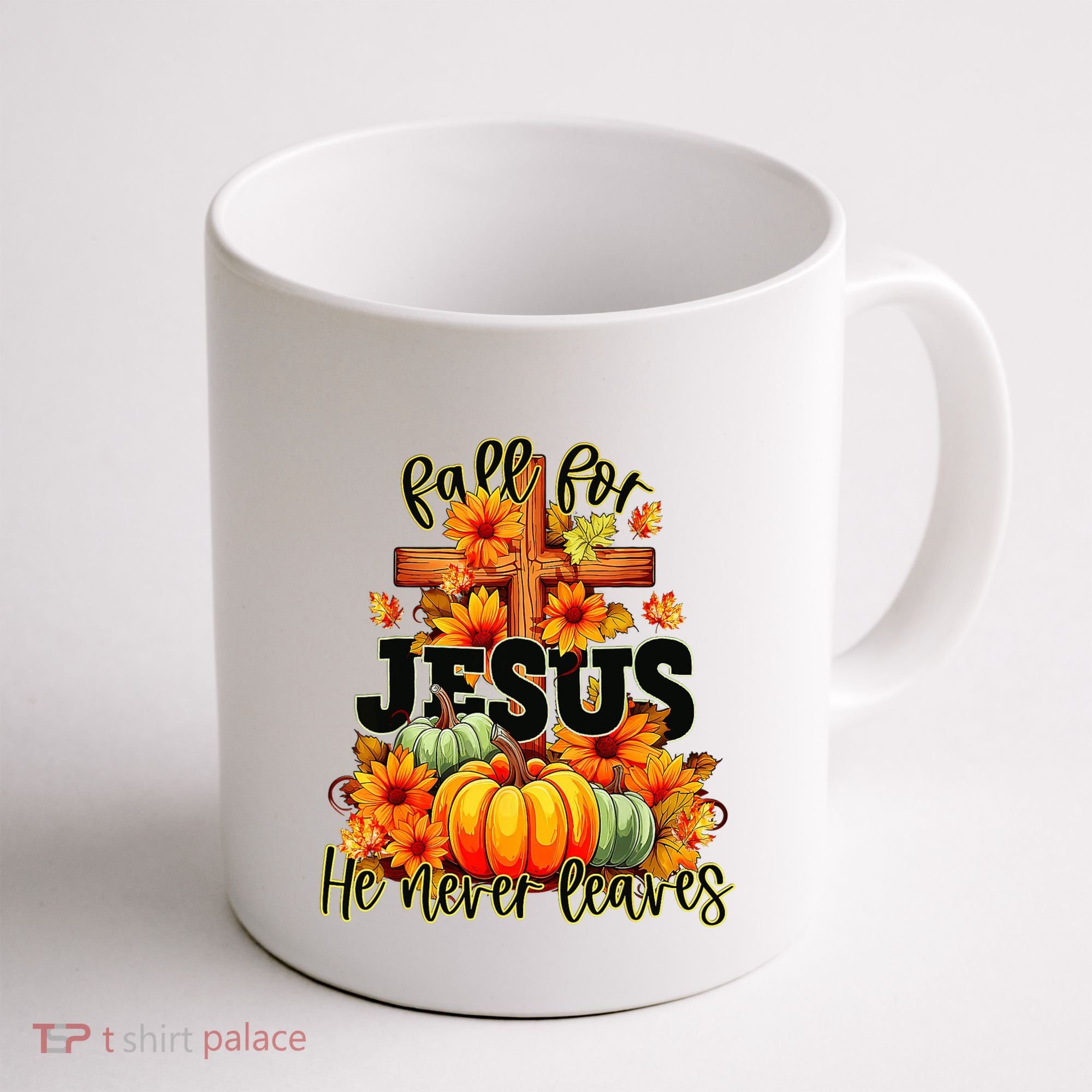 Fall For Jesus He Never Leaves Halloween Autumn Thanksgiving Coffee Mug