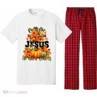 Fall For Jesus He Never Leaves Halloween Autumn Thanksgiving Pajama Set thumb 0