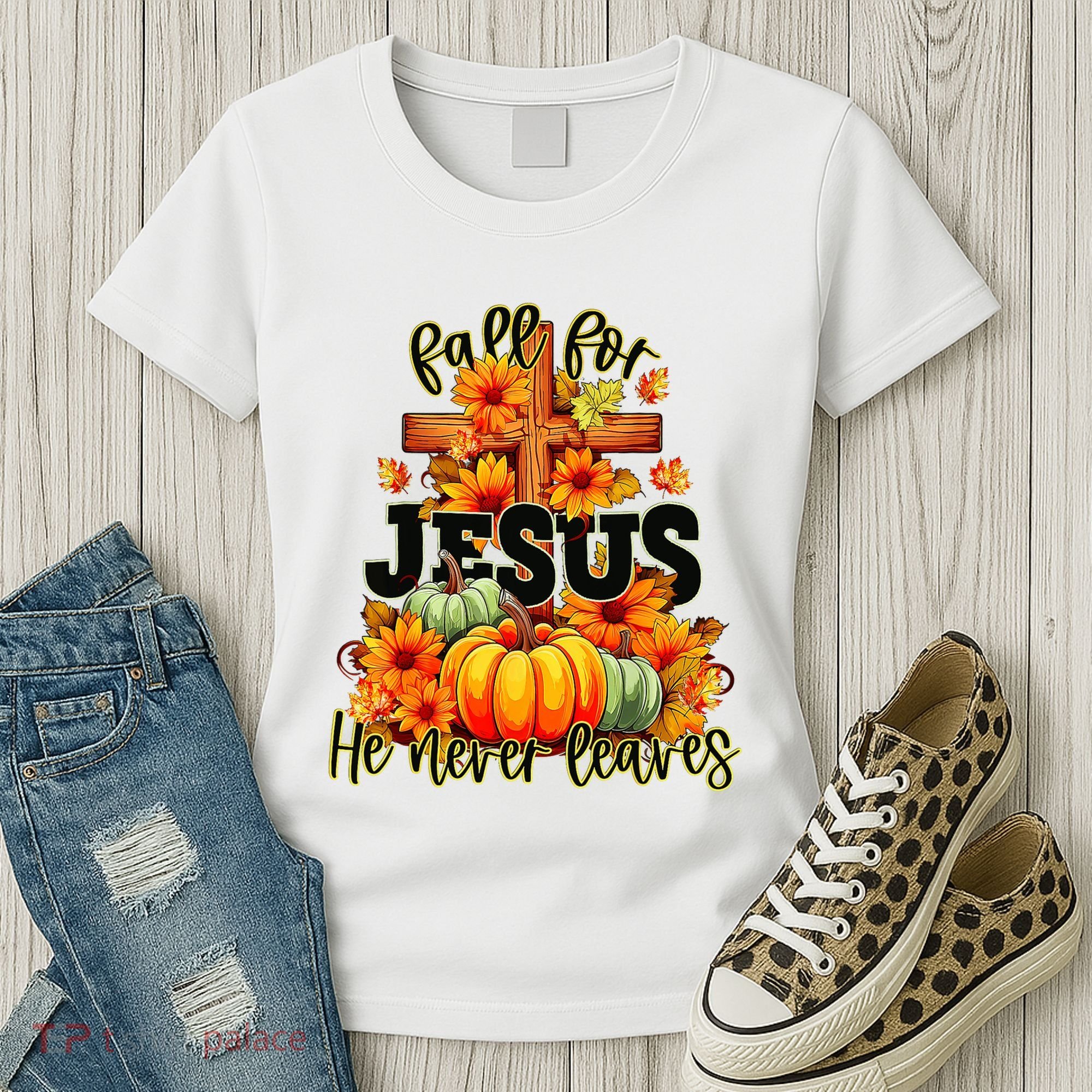 Fall For Jesus He Never Leaves Halloween Autumn Thanksgiving Women's T-Shirt