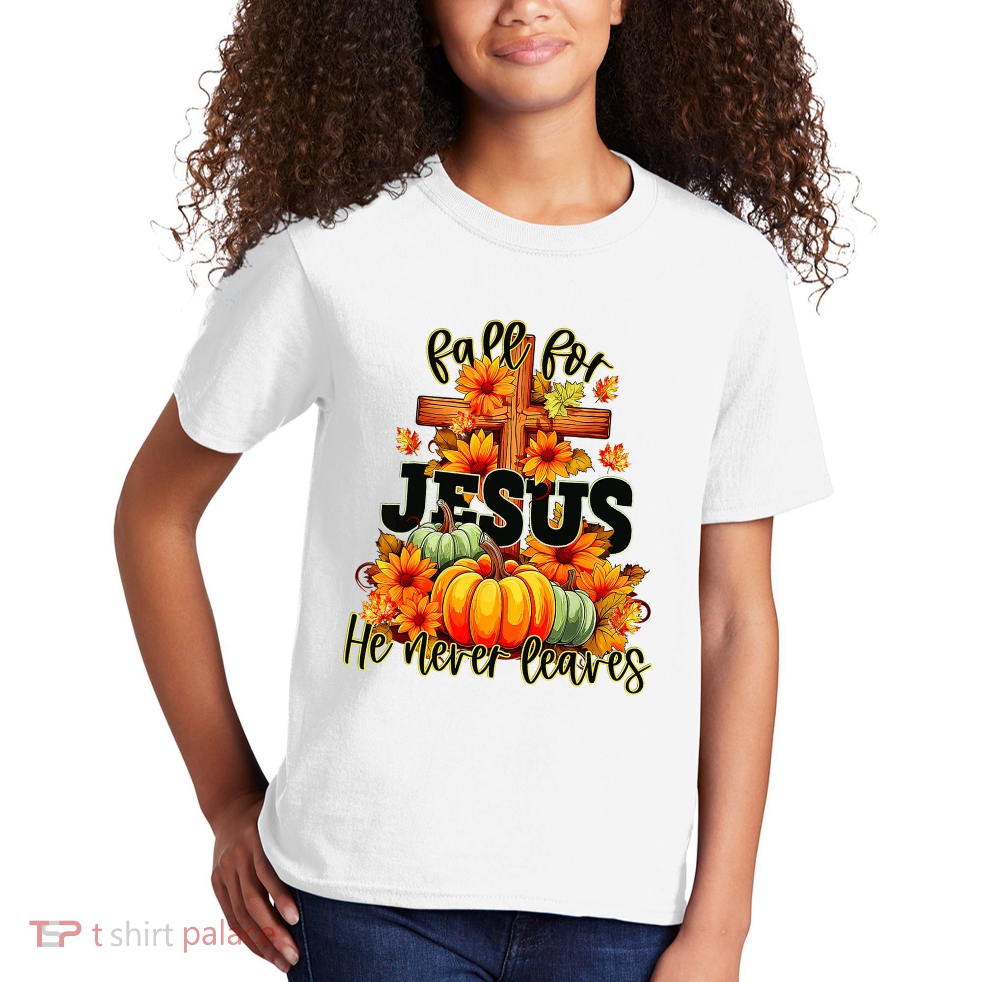Fall For Jesus He Never Leaves Halloween Autumn Thanksgiving Kids T-Shirt