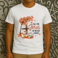 Fall For Jesus He Never Leaves Pumpkin Autumn Thanksgiving T-Shirt thumb 3