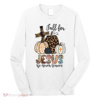 Fall for Jesus He Never Leaves Christian Faith Jesus Autumn Long Sleeve Shirt thumb 0