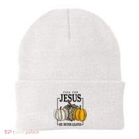 Fall for Jesus He Never Leaves Christian Faith Jesus Autumn Beanie thumb 0