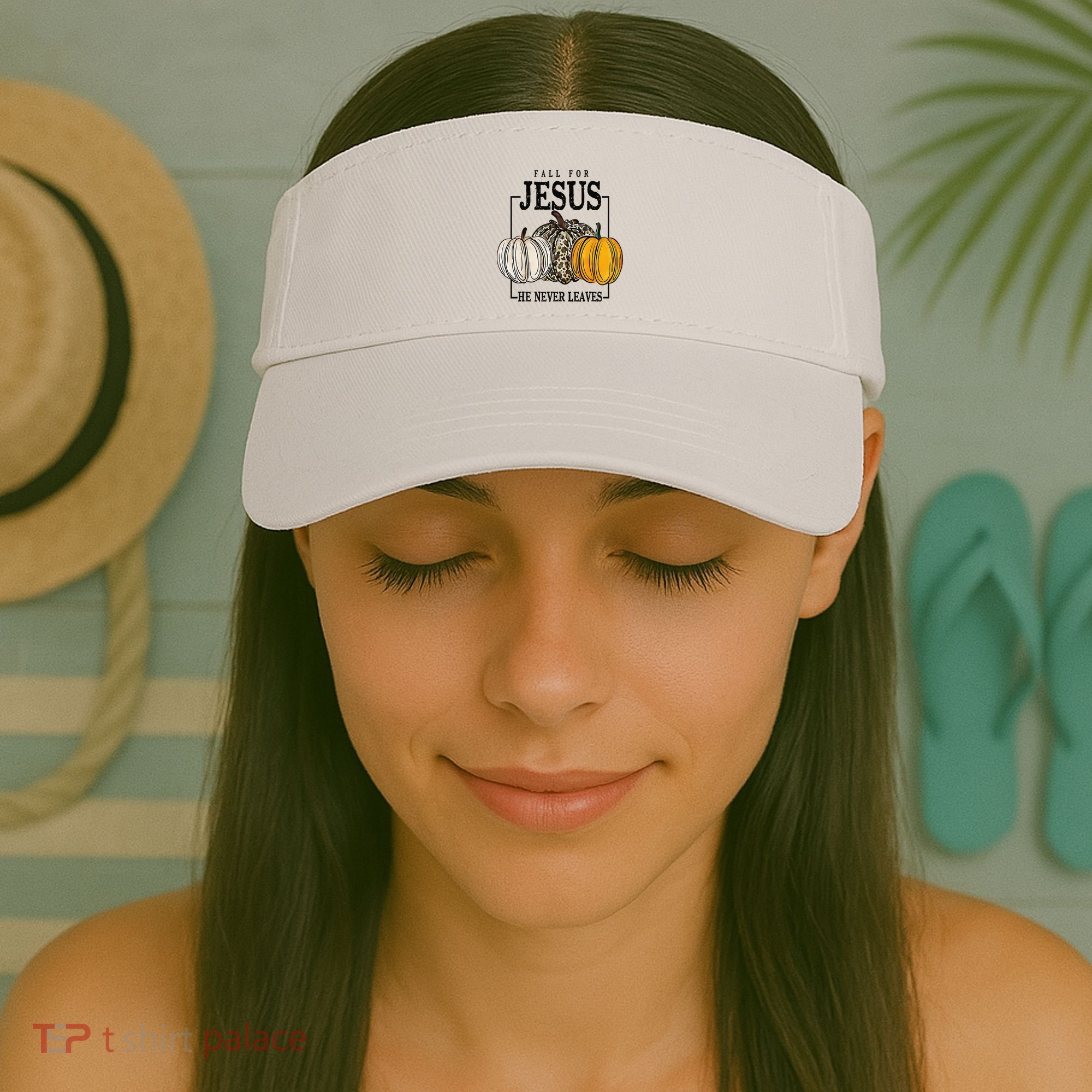 Fall for Jesus He Never Leaves Christian Faith Jesus Autumn Visor