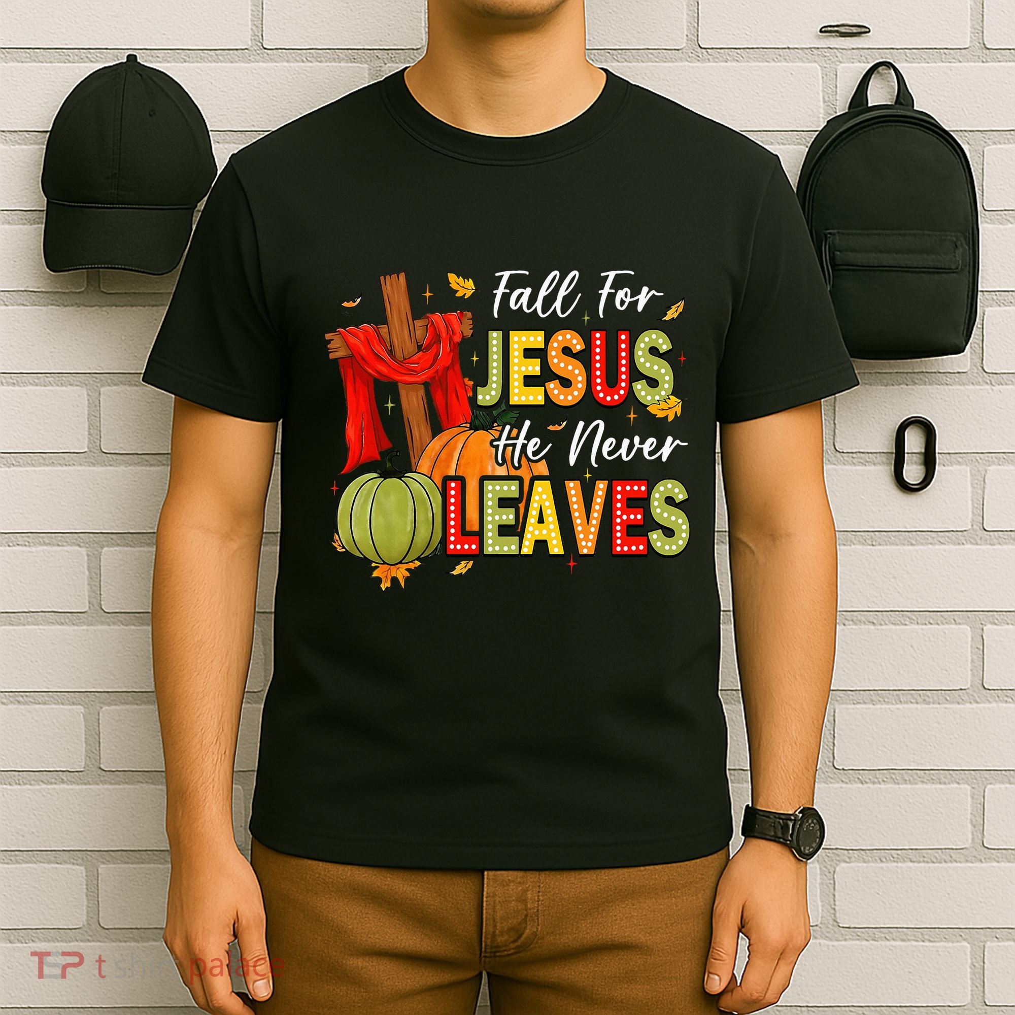Fall For Jesus He Never Leaves Autumn Religious Christian T-Shirt