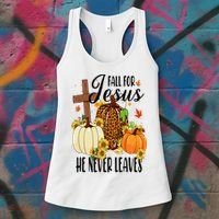 Fall For Jesus He Never Leaves Christian Autumn Thanksgiving  Women's Tank Top thumb 3