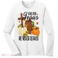 Fall For Jesus He Never Leaves Christian Autumn Thanksgiving  Women's Long Sleeve Shirt thumb 0