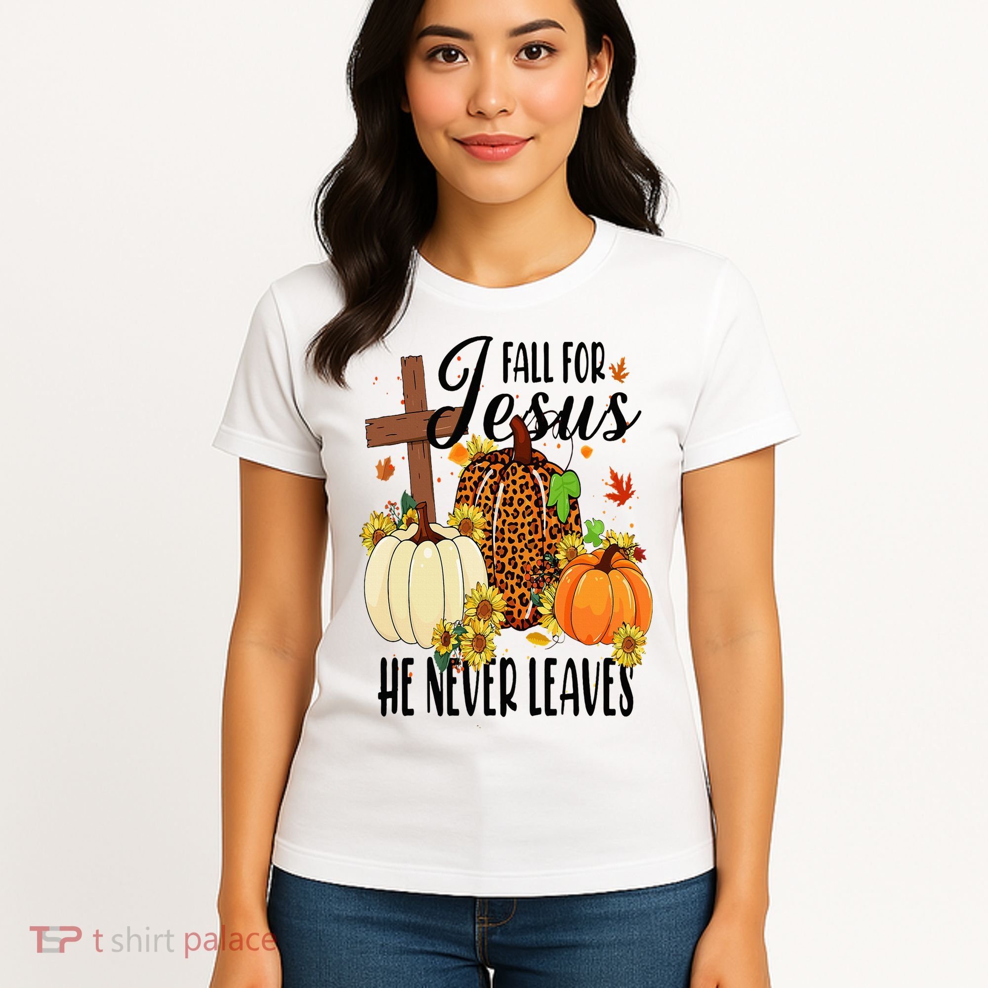 Fall For Jesus He Never Leaves Christian Autumn Thanksgiving  Women's T-Shirt