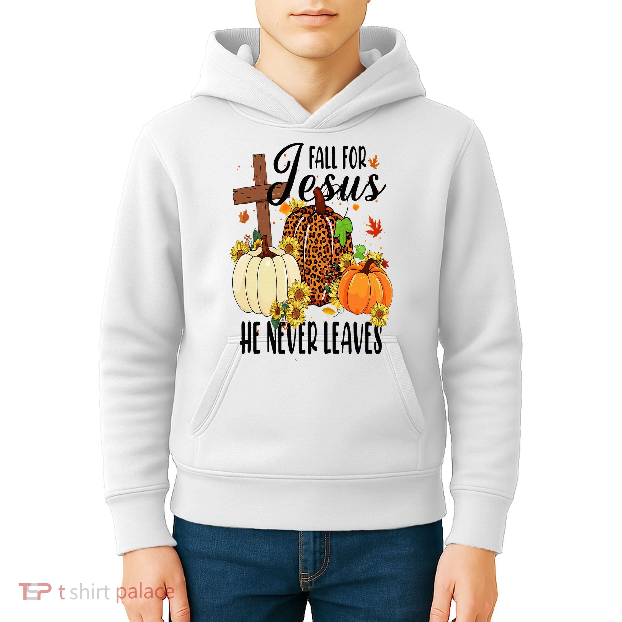 Fall For Jesus He Never Leaves Christian Autumn Thanksgiving  Kids Hoodie