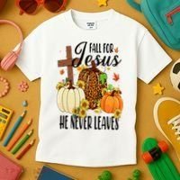 Fall For Jesus He Never Leaves Christian Autumn Thanksgiving  Kids T-Shirt thumb 3